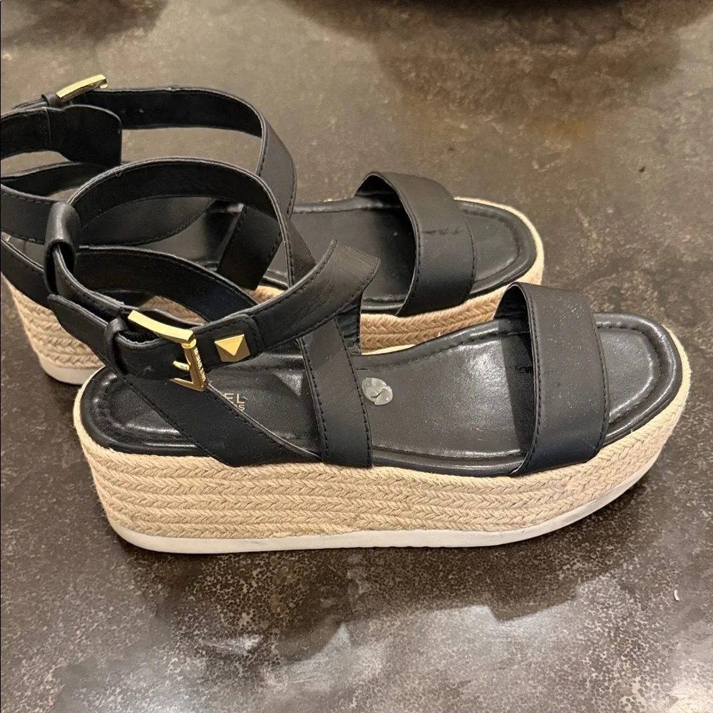 MICHAEL Michael Kors Black Espadrille Wedge Sandals with Gold-Tone Buckle